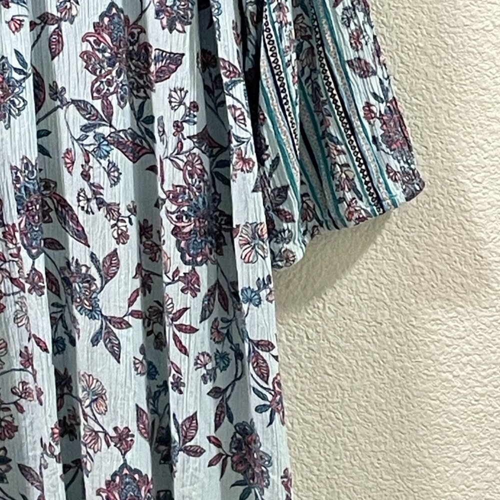 J. JILL Boho Floral Peasant Blouse 3/4 Sleeve Tassel Tie V-Neck Aqua/Pink XL - Picture 3 of 11